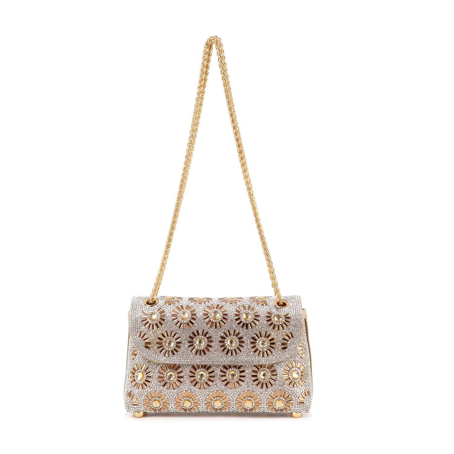 The Stunning Rhinestone Design Shoulder Bag is a small, rectangular accessory with gold and silver floral details, a gold chain strap, beaded surface, faux leather accents, and gold embellishments on the corners and base.