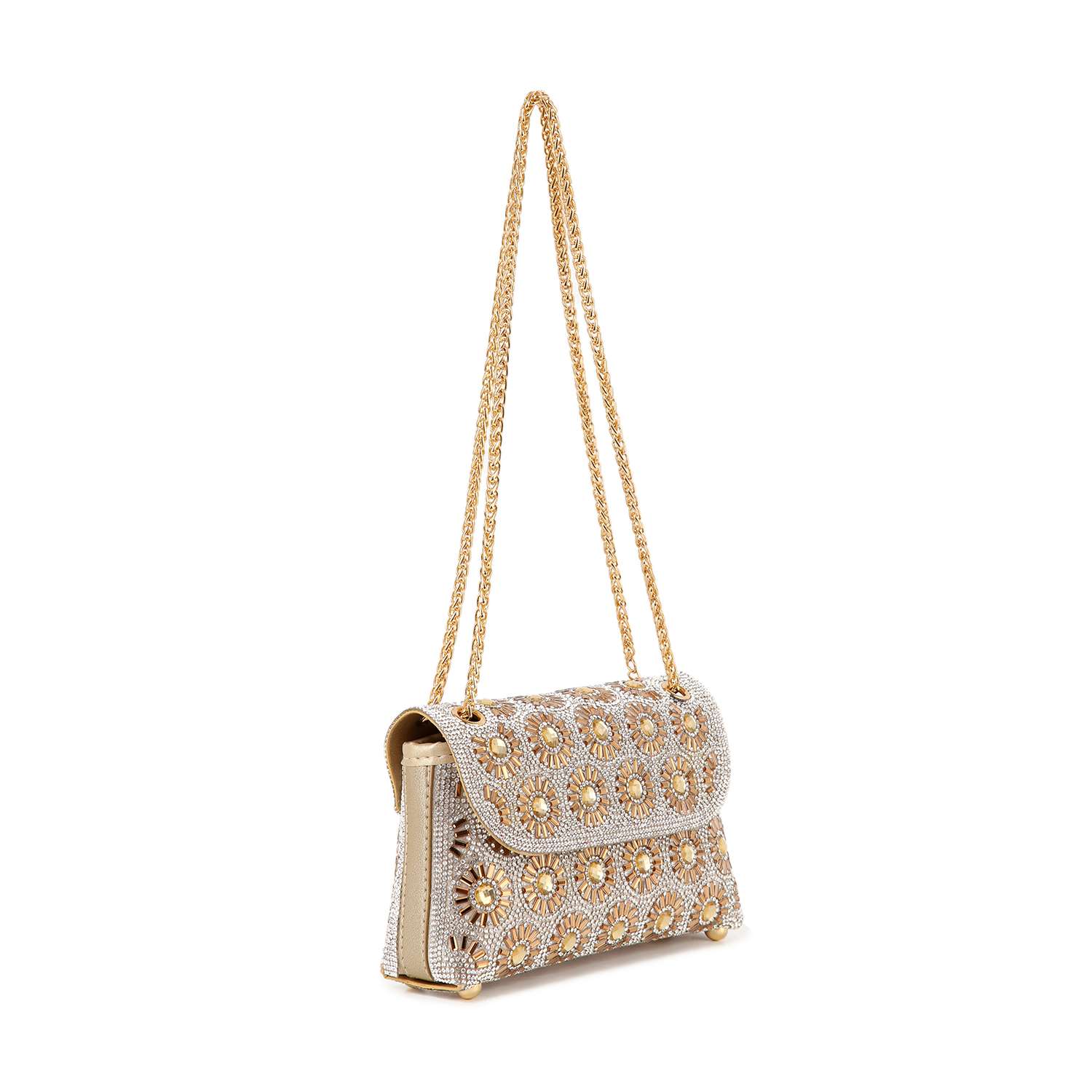The Stunning Rhinestone Design Shoulder Bag is a beige faux leather handbag with gold floral embroidery, bead details, a flap closure, and a long gold chain strap, shown against a white background.