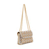 The Stunning Rhinestone Design Shoulder Bag is a beige faux leather handbag with gold floral embroidery, bead details, a flap closure, and a long gold chain strap, shown against a white background.