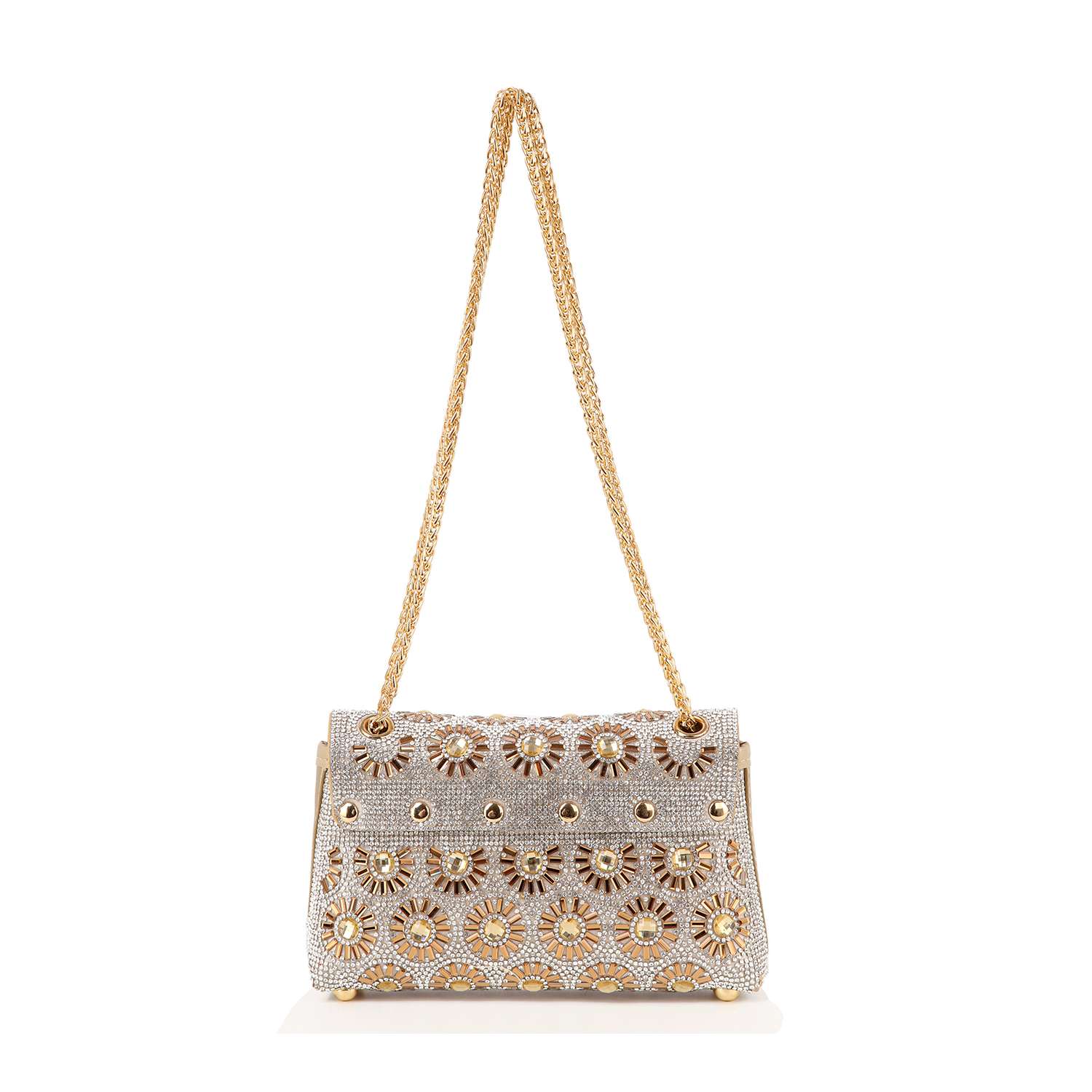 The Stunning Rhinestone Design Shoulder Bag, crafted from silver faux leather with gold and silver daisy rhinestone accents, features a gold chain strap and gold feet. It is shown upright against a plain white background.