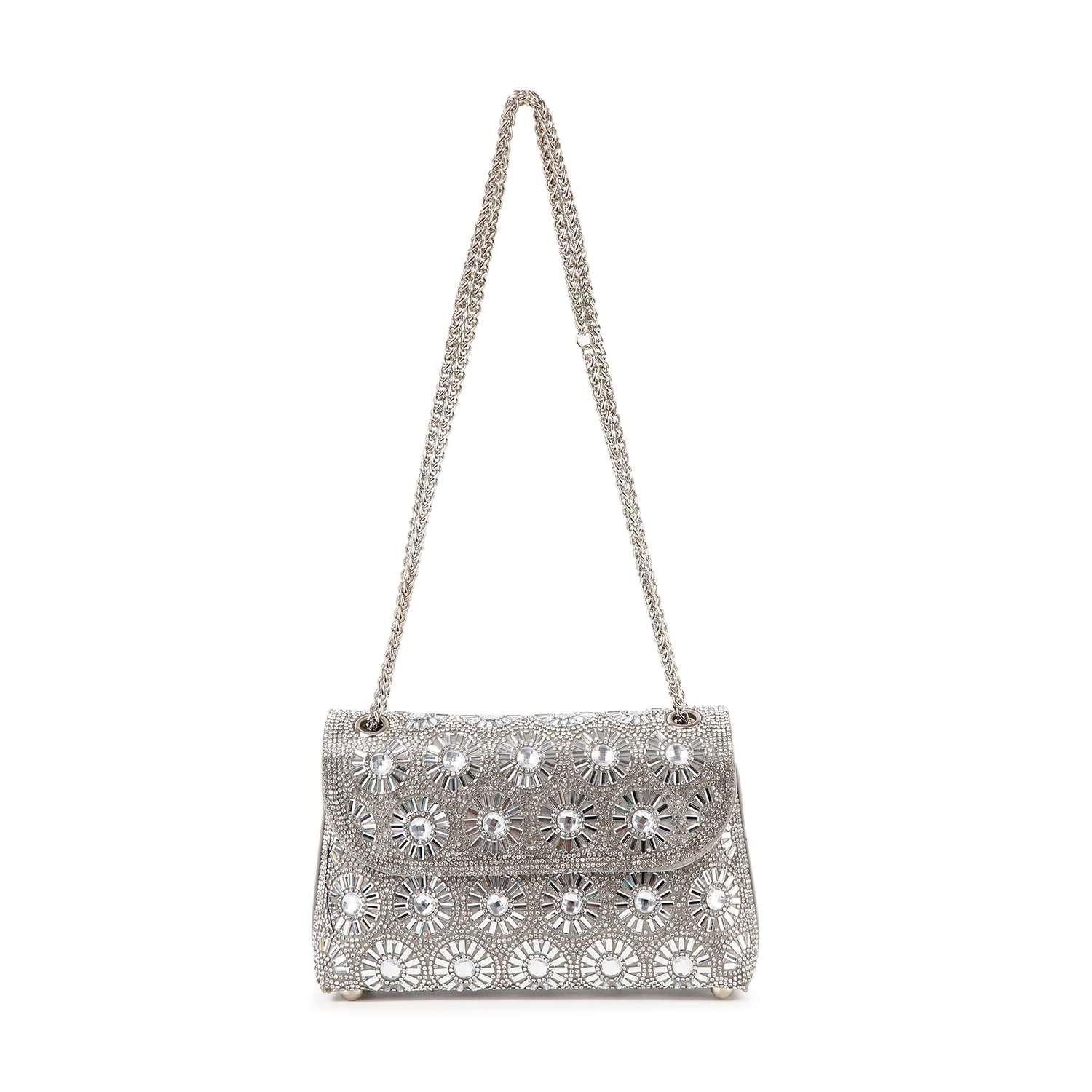 The Stunning Rhinestone Design Shoulder Bag is a silver faux leather handbag with a long chain strap, adorned with circular crystal embellishments forming a floral pattern and decorative details on the front flap.