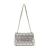 The Stunning Rhinestone Design Shoulder Bag is a silver faux leather handbag with a long chain strap, adorned with circular crystal embellishments forming a floral pattern and decorative details on the front flap.