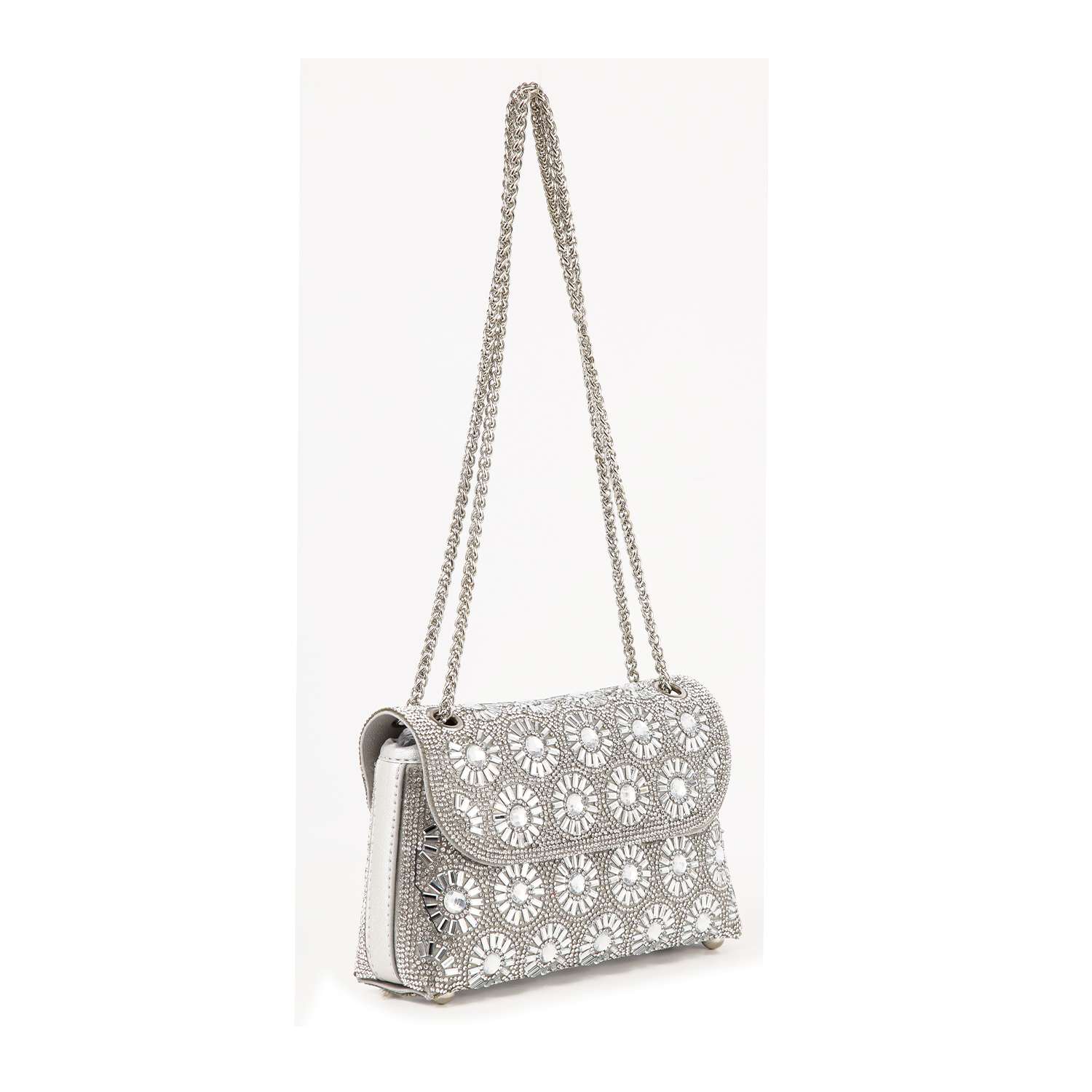 The Stunning Rhinestone Design Shoulder Bag features a silver chain strap, faux leather material, flap closure, and sparkling circular rhinestone floral accents on a plain white background.