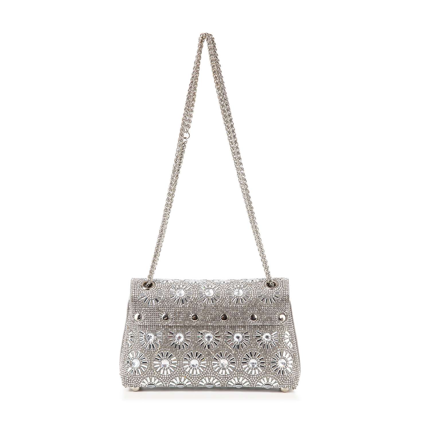 The Stunning Rhinestone Design Shoulder Bag is a silver faux leather handbag with a long chain strap, detailed floral and geometric cut-outs on the front, and eye-catching shiny metallic accents.