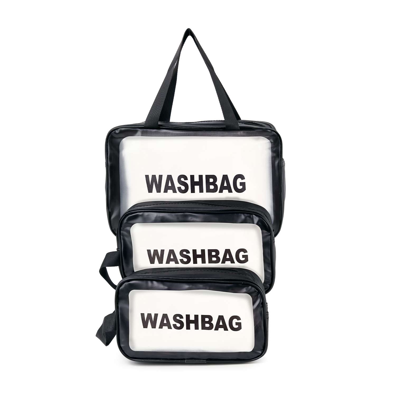 The Set of Three Make Up Travel Bags features clear toiletry bags with black borders and top zip closures, each labeled WASHBAG in bold black text, stacked neatly from largest at the back to smallest at the front.