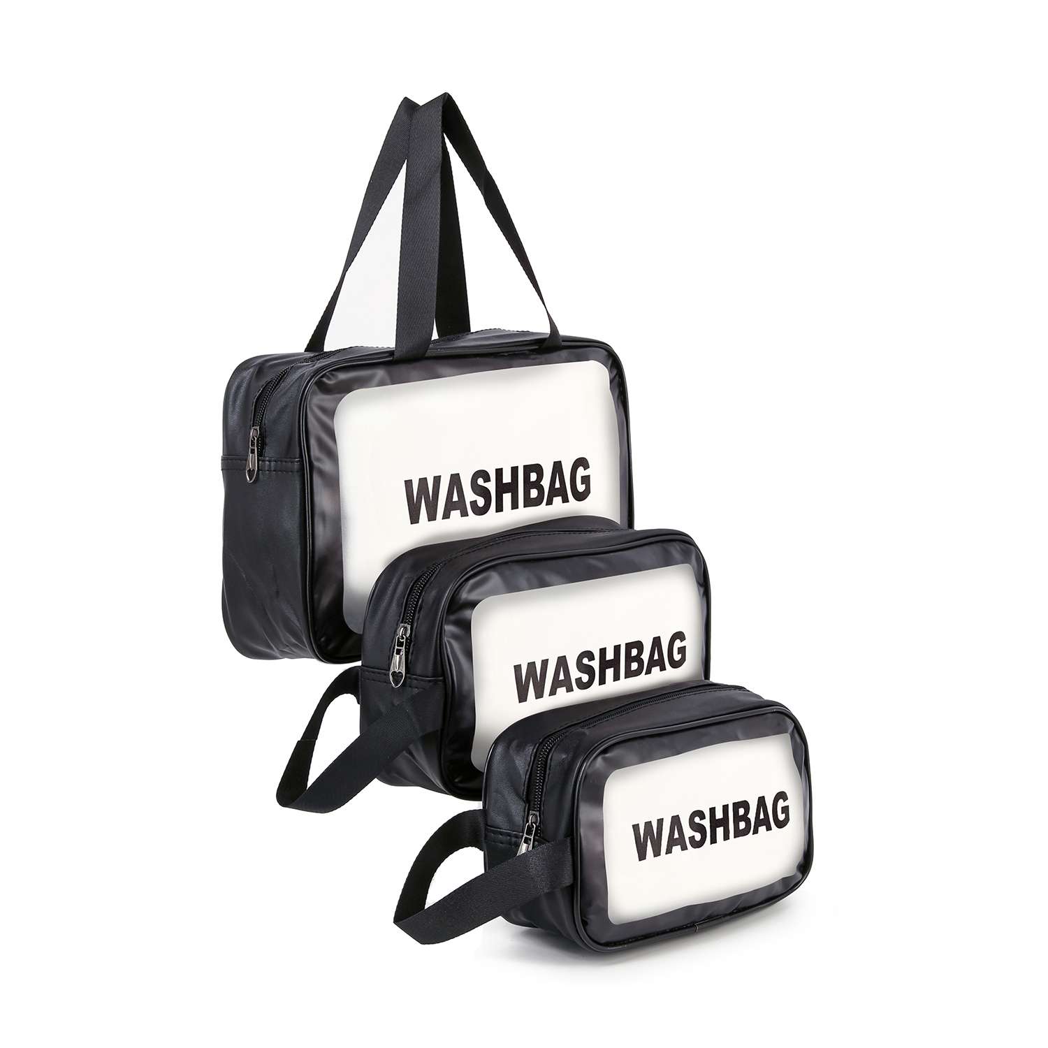 The Set of Three Make Up Travel Bags features black toiletry bags in different sizes, each with a clear front displaying WASHBAG in bold letters and a top zip closure, shown arranged on a white background.