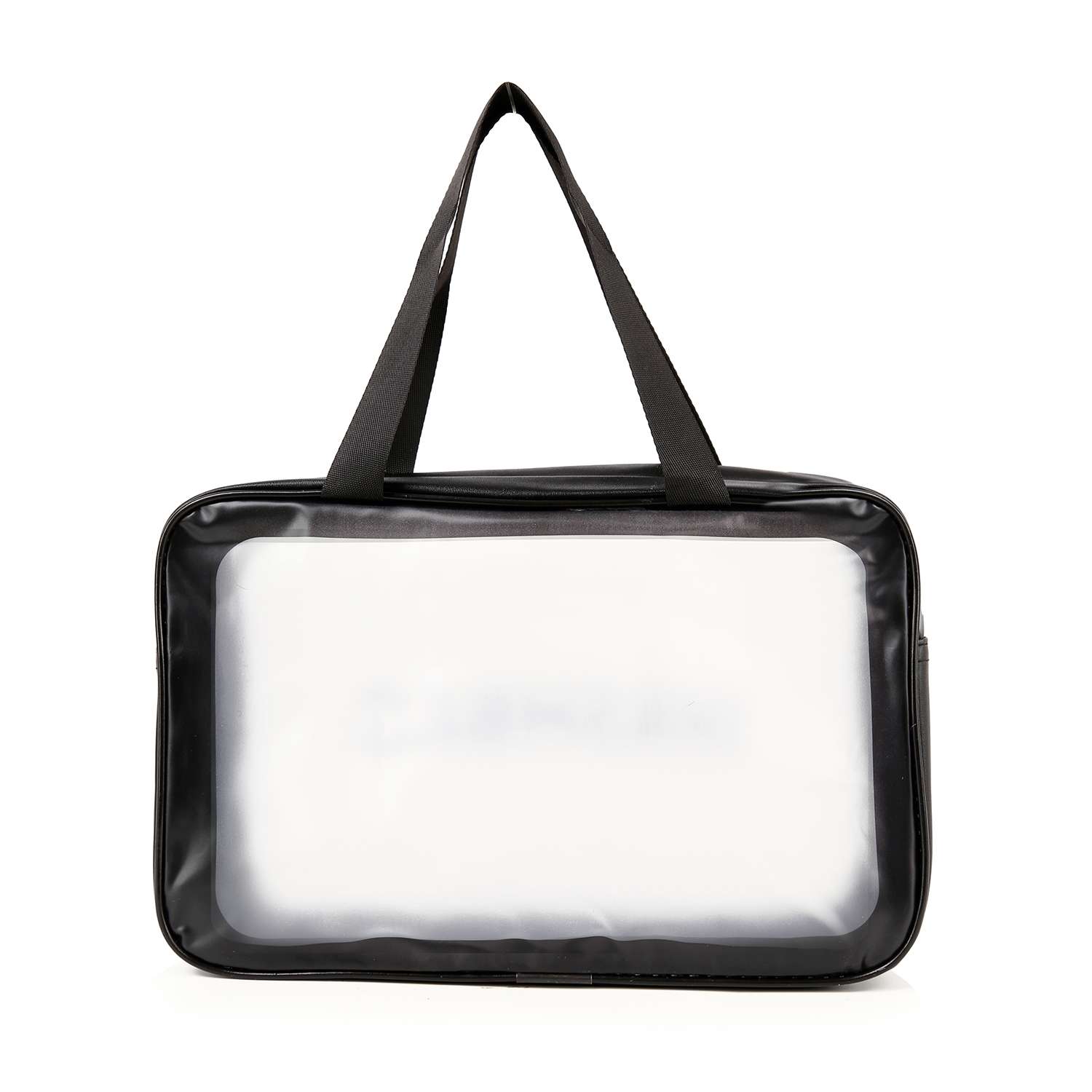 Set of Three Make Up Travel Bags in a clear, rectangular design with black edges and handles, featuring top zip closures—ideal for travel and displayed against a white background.