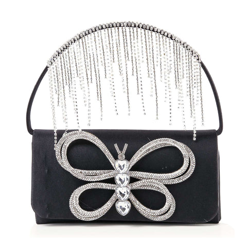 Fringe Accented Rhinestone Butterfly Evening Tote