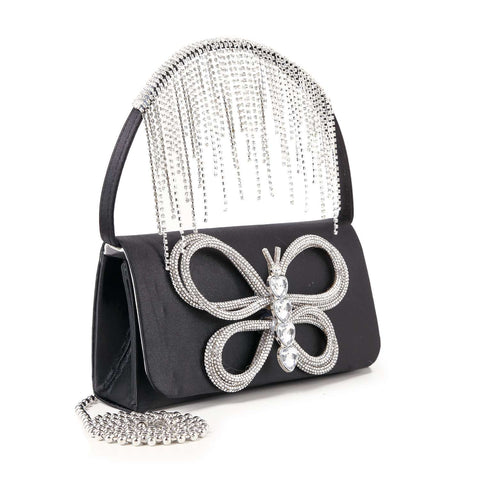 Fringe Accented Rhinestone Butterfly Evening Tote