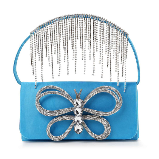 Fringe Accented Rhinestone Butterfly Evening Tote