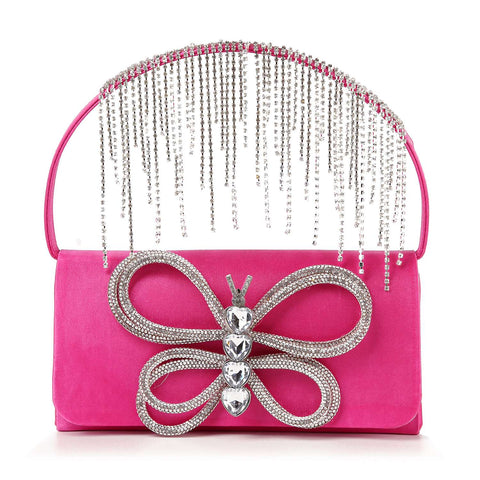 Fringe Accented Rhinestone Butterfly Evening Tote