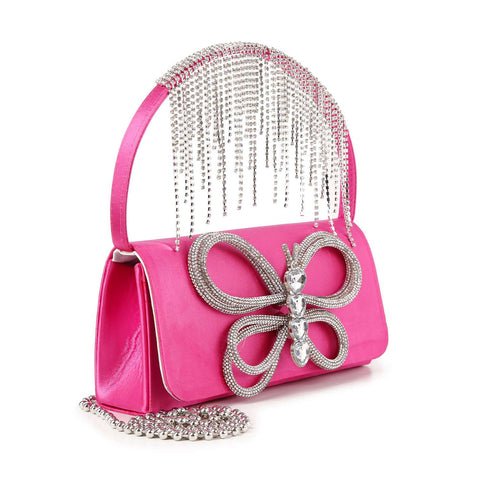 Fringe Accented Rhinestone Butterfly Evening Tote