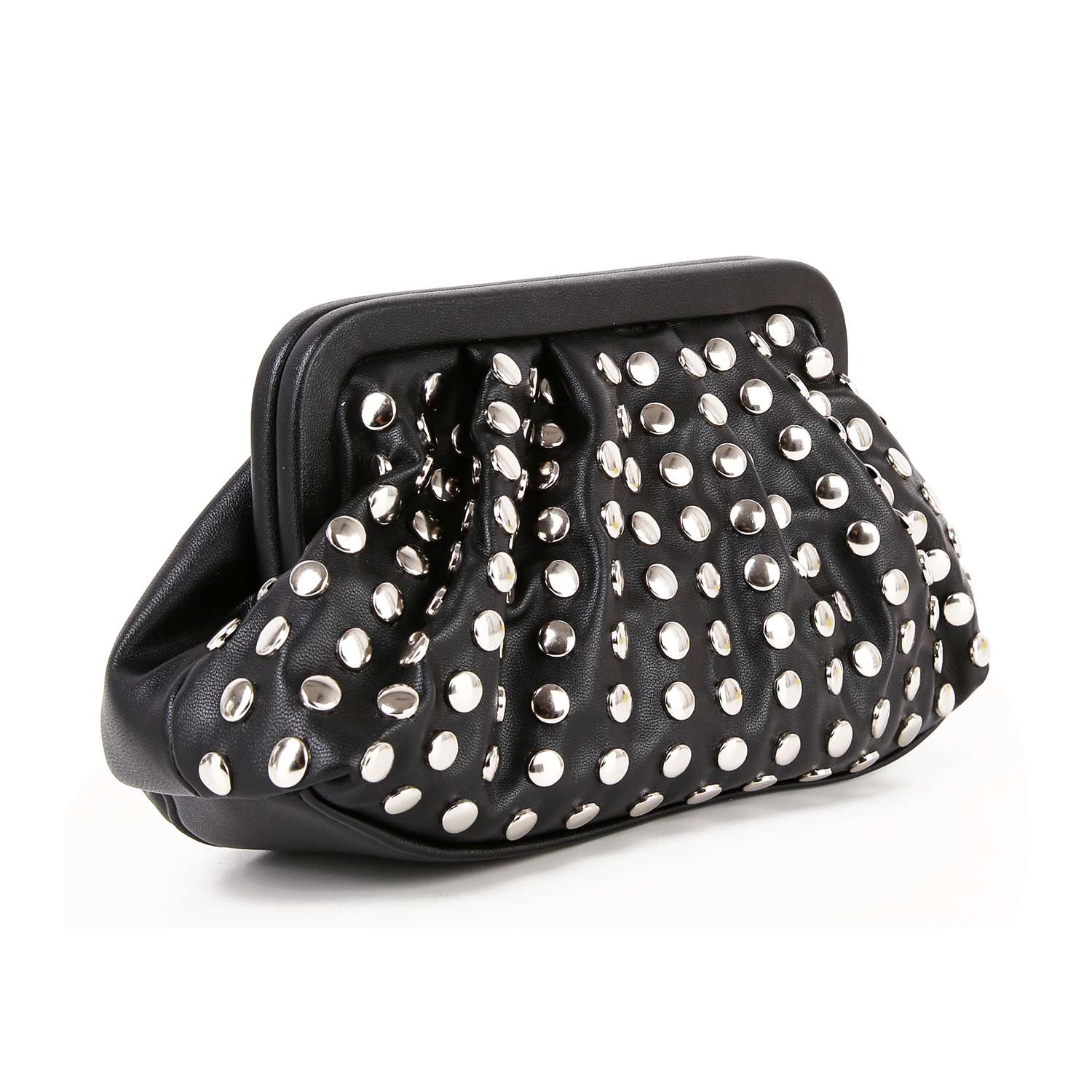 The Pleated Stud Accented Clutch Bag is a black faux leather purse with a rectangular frame, featuring pleats, ruching, and large round silver stud accents.