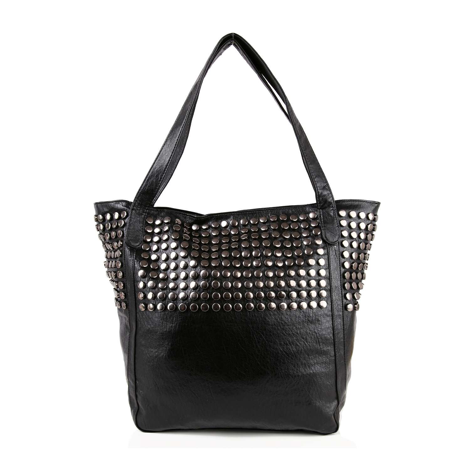 The Large Studded Tote Handbag is black with double handles, featuring silver studs in rows on the upper front and a smooth, plain lower section for a sleek contrast.