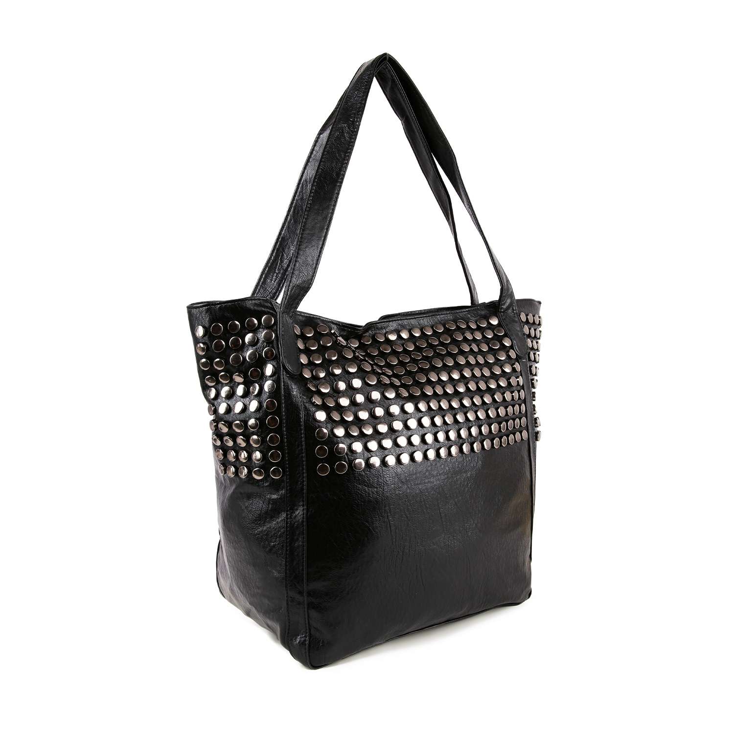 The Large Studded Tote Handbag features double handles and metallic studs on the upper front and sides, offering edgy style and plenty of space for your essentials.