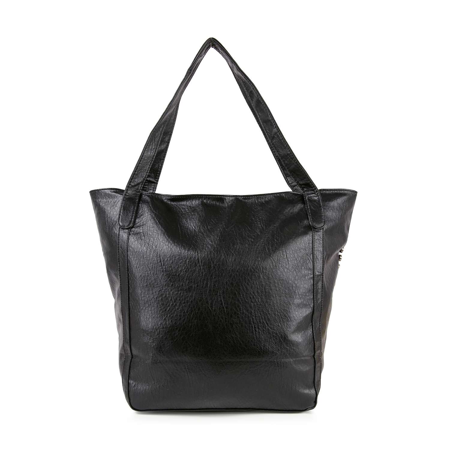 The Large Studded Tote Handbag is a spacious black faux leather bag with two shoulder straps and a minimalist design. It is shown standing upright against a white background.