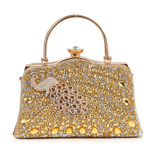 The Highly Decorative Peacock Accented Evening Bag dazzles with sparkling jewels and rhinestones, a peacock motif, metallic handle, and luxe faux leather for an ornate, elegant look.