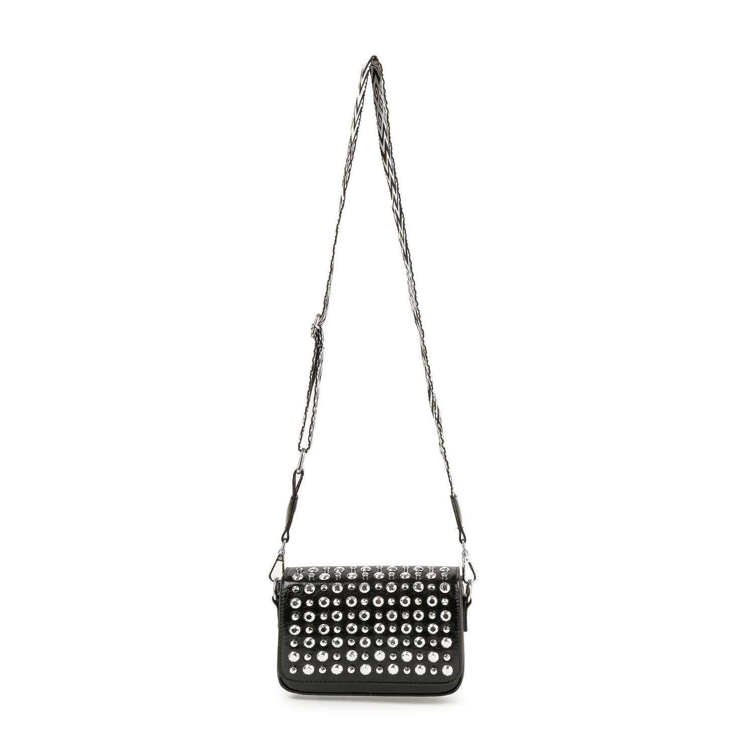 The Guitar Strap Accented Studded Shoulder Bag is a black faux leather shoulder bag with a long strap and multiple rows of large silver grommets decorating the front.
