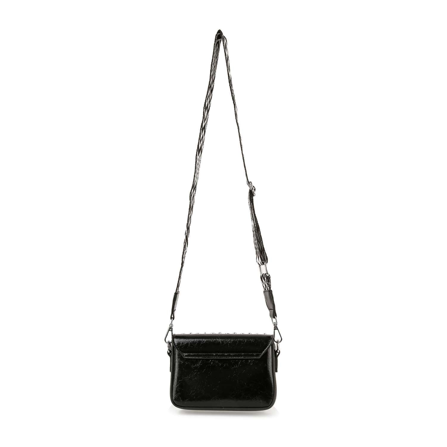 The Guitar Strap Accented Studded Shoulder Bag, a small rectangular black bag with a long adjustable strap and glossy textured finish, is displayed against a white background.