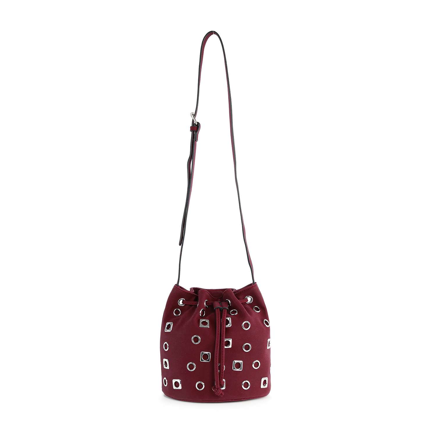 The Rivited Drawstring Hobo Shoulder Bag features a maroon structured design with a long adjustable strap, silver-tone hardware, and a white outlined circle and square pattern.