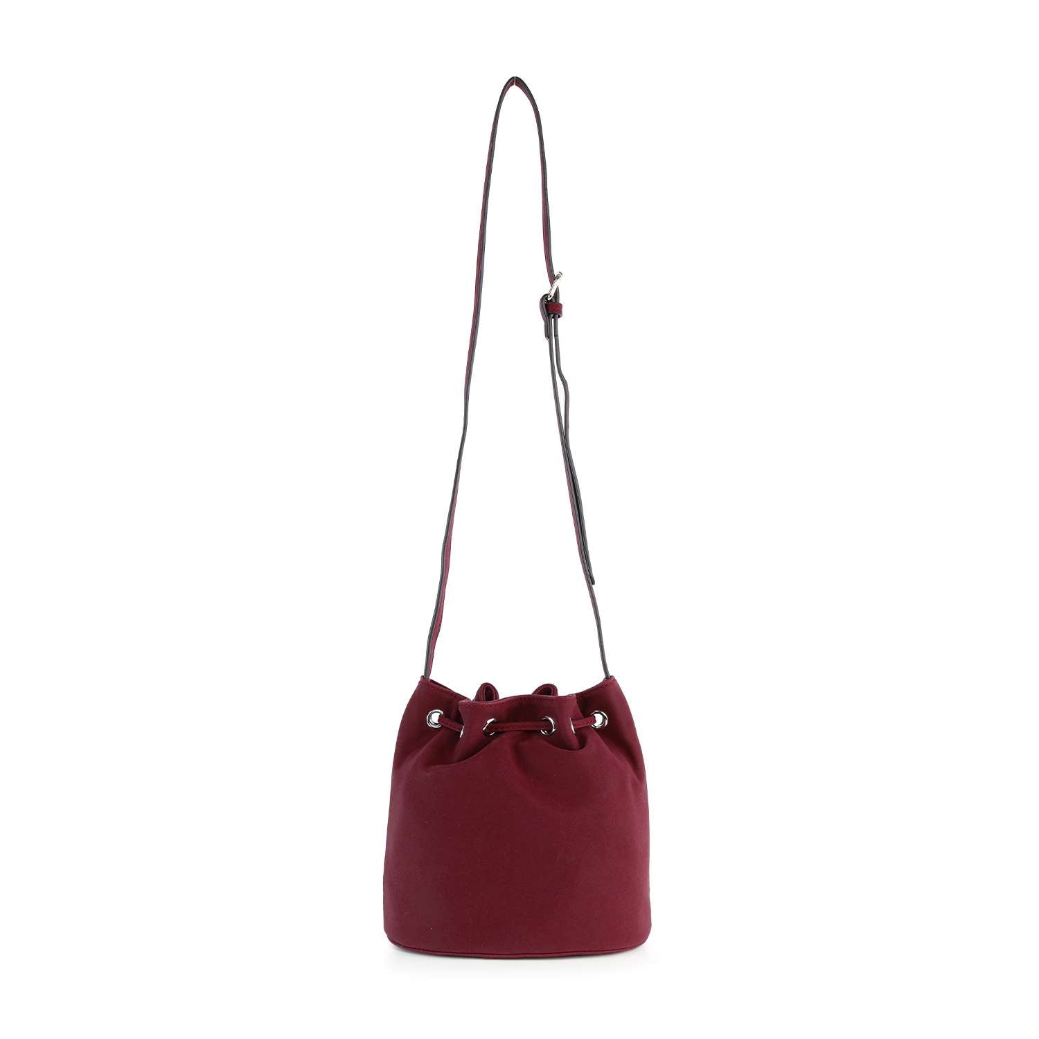 The Rivited Drawstring Hobo Shoulder Bag is crafted in burgundy faux leather with silver tone hardware, long adjustable shoulder strap, and silver eyelets. Shown against a plain white background.