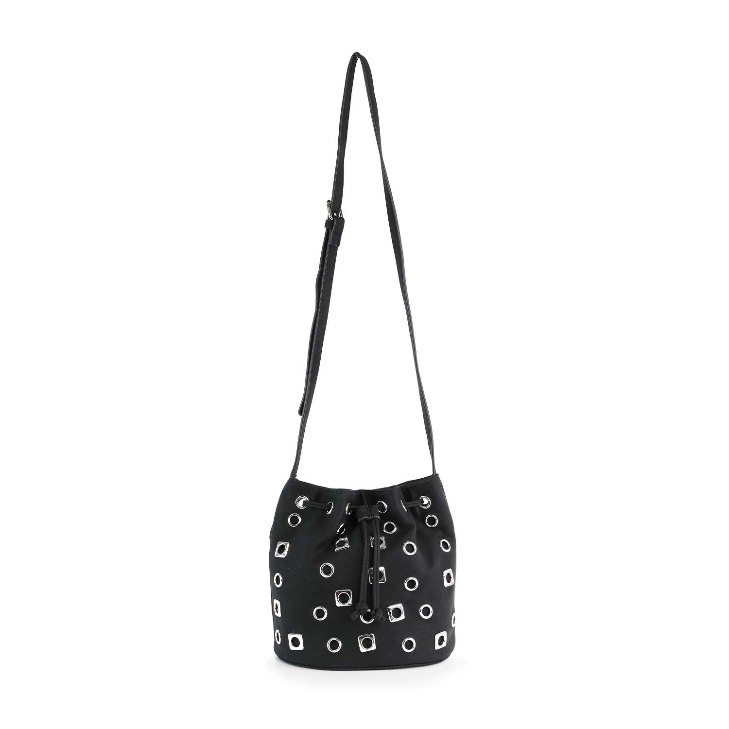 The Rivited Drawstring Hobo Shoulder Bag features a black structured design, long adjustable strap, silver-tone hardware, and rows of silver grommet accents on the exterior.