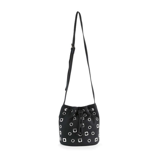 The Rivited Drawstring Hobo Shoulder Bag features a black structured design, long adjustable strap, silver-tone hardware, and rows of silver grommet accents on the exterior.