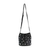 The Rivited Drawstring Hobo Shoulder Bag features a black structured design, long adjustable strap, silver-tone hardware, and rows of silver grommet accents on the exterior.