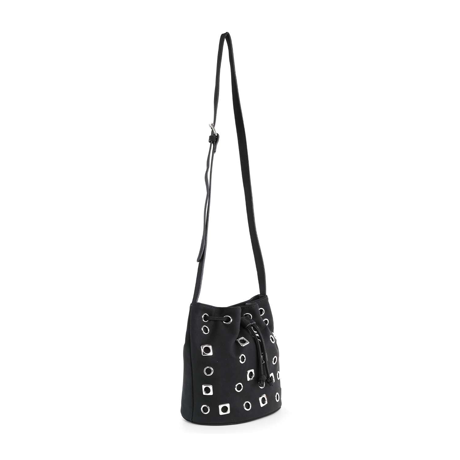 The Rivited Drawstring Hobo Shoulder Bag is a black faux leather bag with a long adjustable strap, silver tone hardware, front silver eyelets, and a structured drawstring closure near the top.