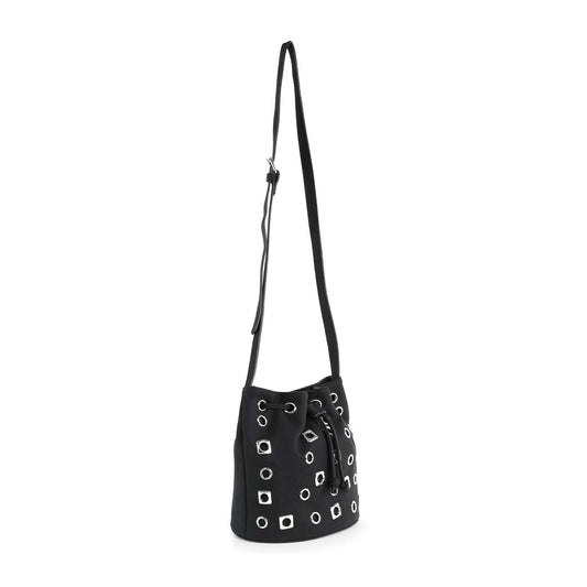 The Rivited Drawstring Hobo Shoulder Bag is a black faux leather bag with a long adjustable strap, silver tone hardware, front silver eyelets, and a structured drawstring closure near the top.