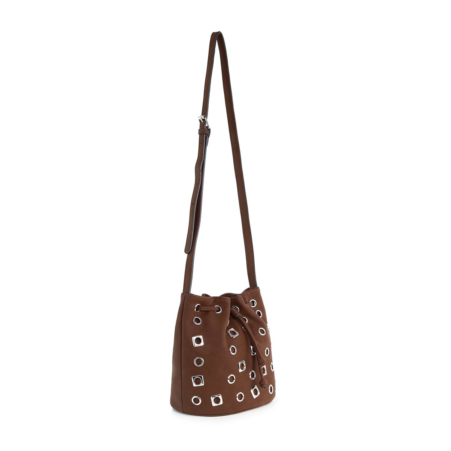 The Rivited Drawstring Hobo Shoulder Bag is a brown faux leather bag with a long adjustable shoulder strap, drawstring closure, and silver-tone grommets and hardware.