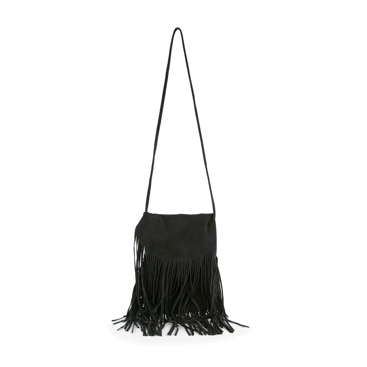 The Long Fringe Shoulder Bag is crafted from soft black faux leather, featuring a single strap and decorative fringe along the bottom and front.