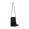 The Long Fringe Shoulder Bag is a black faux leather crossbody with long fringe on the bottom and sides, a single strap, and a zip closure, shown against a white background.