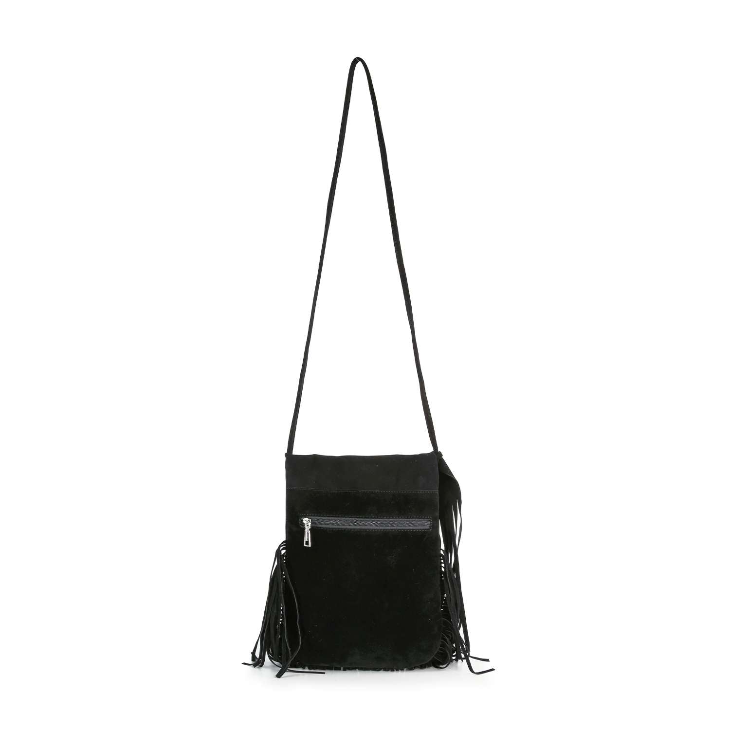 The Long Fringe Shoulder Bag, made of black faux leather with a single strap, front zipper pocket, and fringe on both sides, is displayed against a white background.