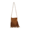 The Long Fringe Shoulder Bag is a brown faux leather crossbody with a single strap, zip closure, and decorative fringe along the bottom and sides, shown against a white background.