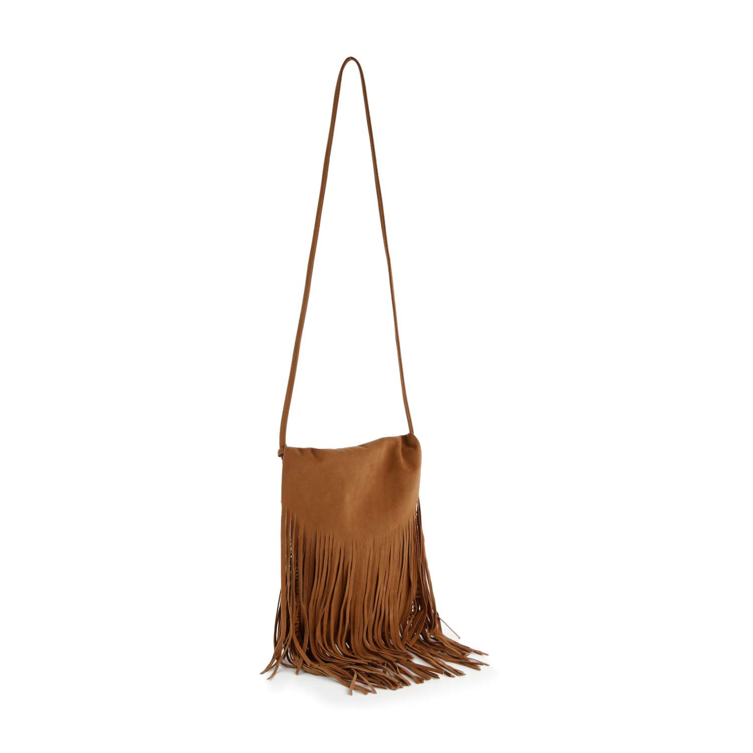 The Long Fringe Shoulder Bag is a brown faux leather crossbody with a single strap, zip closure, and long fringe detailing along the bottom edge, displayed against a white background.