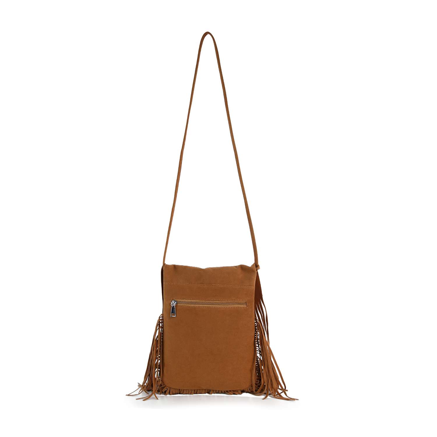 The Long Fringe Shoulder Bag is a brown faux leather bag featuring a single strap, zippered front pocket, and long decorative side fringe, displayed against a white background.