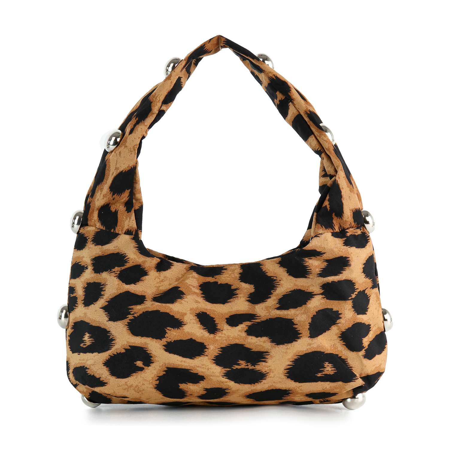 The Leopard Print Studded Petite Hobo is a small bag with a brown and black leopard pattern, a single strap, and silver studs along the edges.