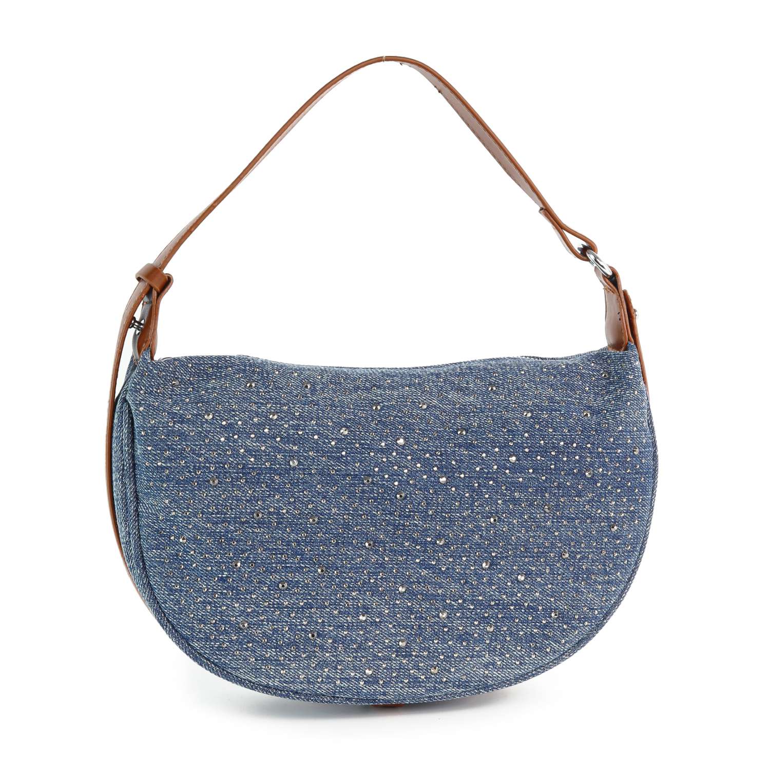 The Rhinestone Denim Hobo Handbag is a medium blue denim shoulder bag with small silver studs, a curved bottom, and a single brown leather strap.