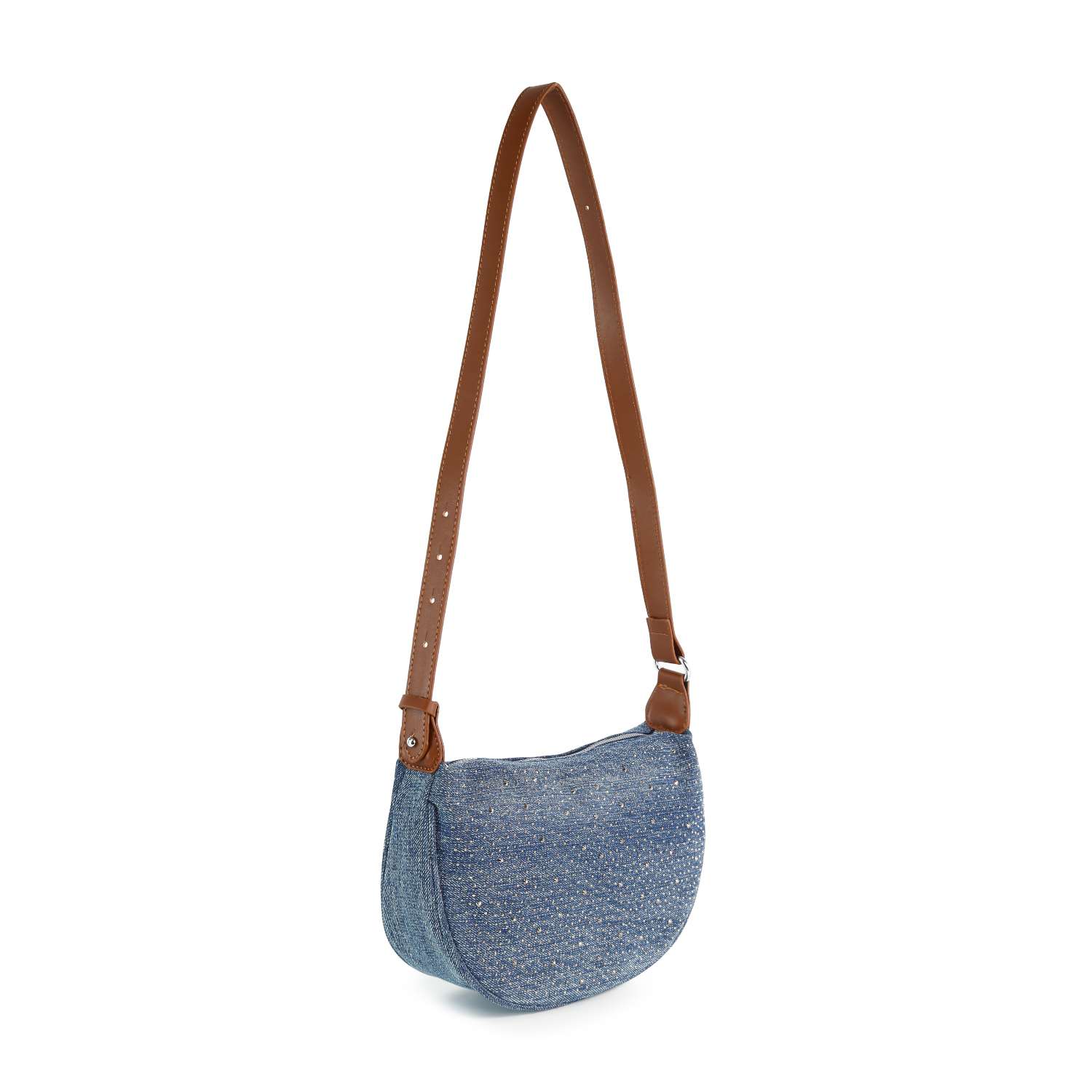 The Rhinestone Denim Hobo Handbag is a medium shoulder bag with a denim-textured finish, curved bottom, long adjustable brown leather strap, and features a simple, casual design without visible logos or embellishments.