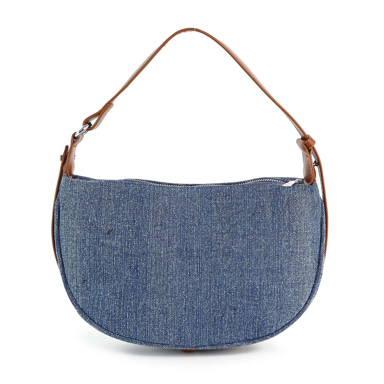The Rhinestone Denim Hobo Handbag features blue washed denim, a brown leather strap, and a zipper closure. This medium-sized shoulder bag is showcased against a white background.