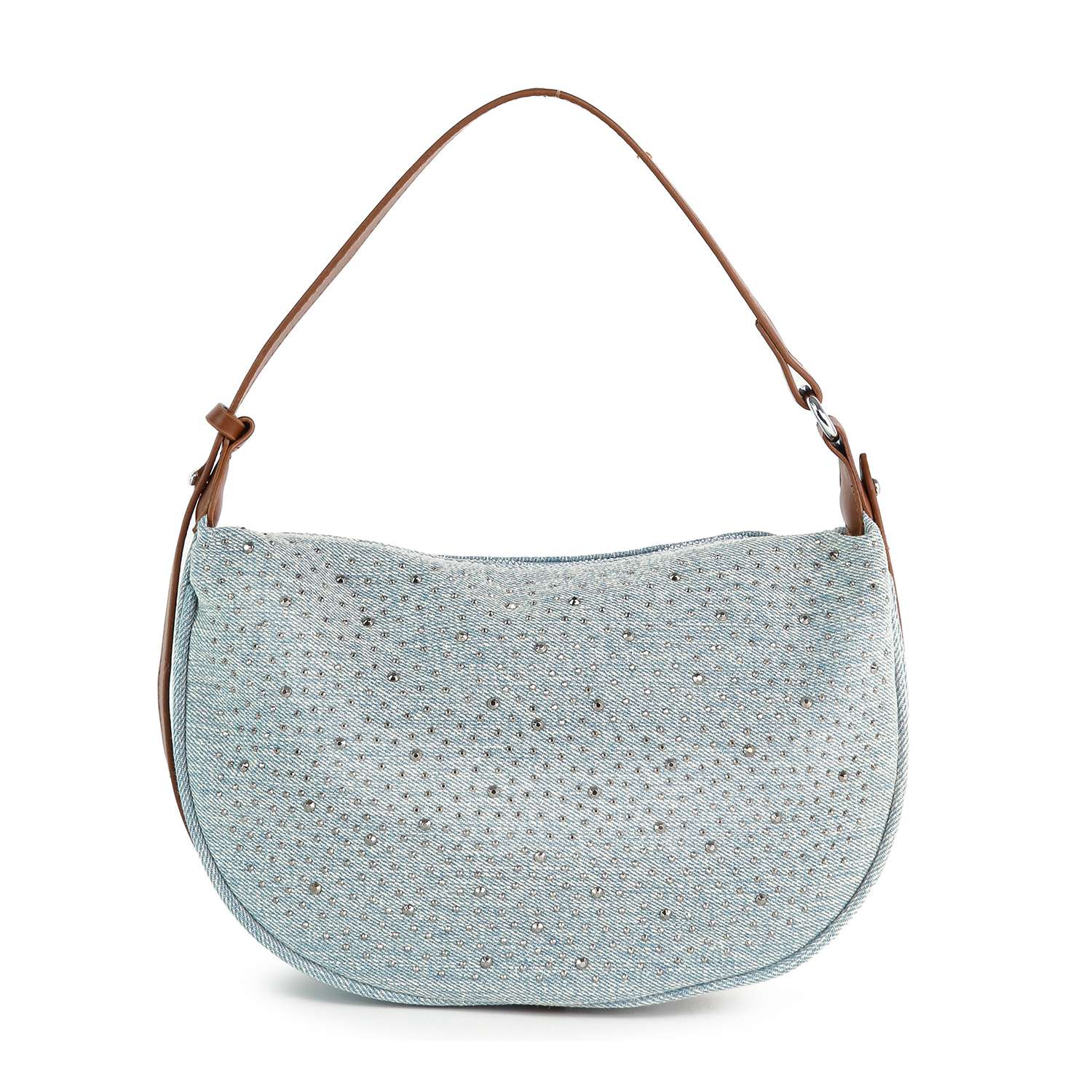 The Rhinestone Denim Hobo Handbag features light blue washed denim, subtle metallic studs, a curved crescent shape, and a single adjustable brown shoulder strap. This medium-sized bag has a minimalist look with no visible logos or extra embellishments.