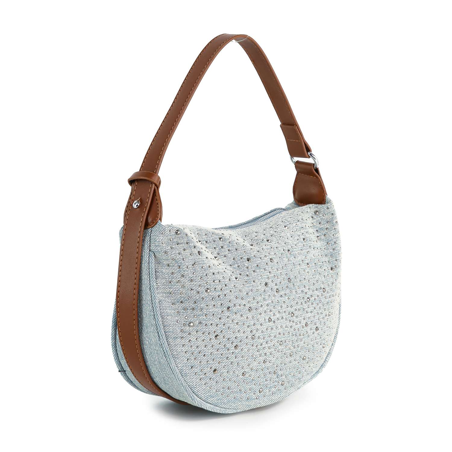 The Rhinestone Denim Hobo Handbag is a small, light blue washed denim bag featuring sparkling rhinestone details and a brown leather strap, displayed against a white background.
