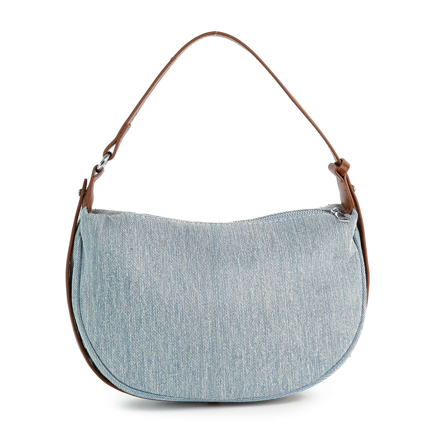 The Rhinestone Denim Hobo Handbag is a medium-sized, light blue washed denim bag with a curved shape, brown leather shoulder strap, minimalist design, and top zipper closure, shown against a white background.