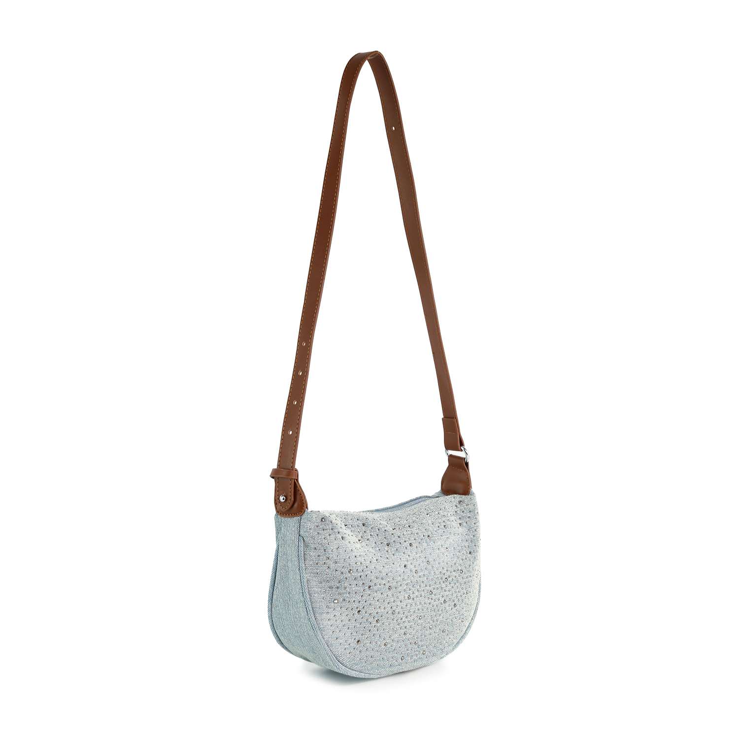 The Rhinestone Denim Hobo Handbag features light blue washed denim, a curved silhouette, sparkling silver rhinestones, and a long brown adjustable strap, shown against a white background.