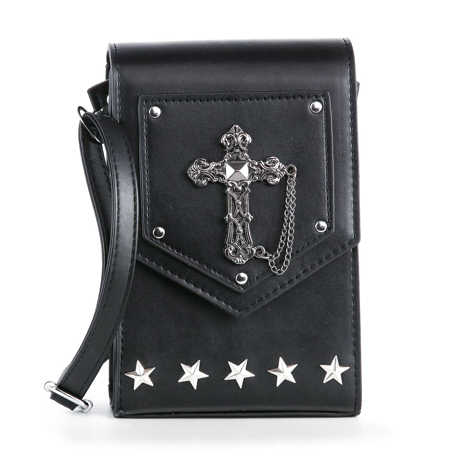 The Decorative Cross Accented Petite Crossbody Bag features a stylish faux leather design, front flap with a silver cross medallion and chain, five silver star studs along the bottom, and a black side-attached strap.