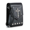 The Decorative Cross Accented Petite Crossbody Bag is a black faux leather bag with a silver cross medallion on the flap, a small chain, five star studs along the bottom edge, and a long shoulder strap.
