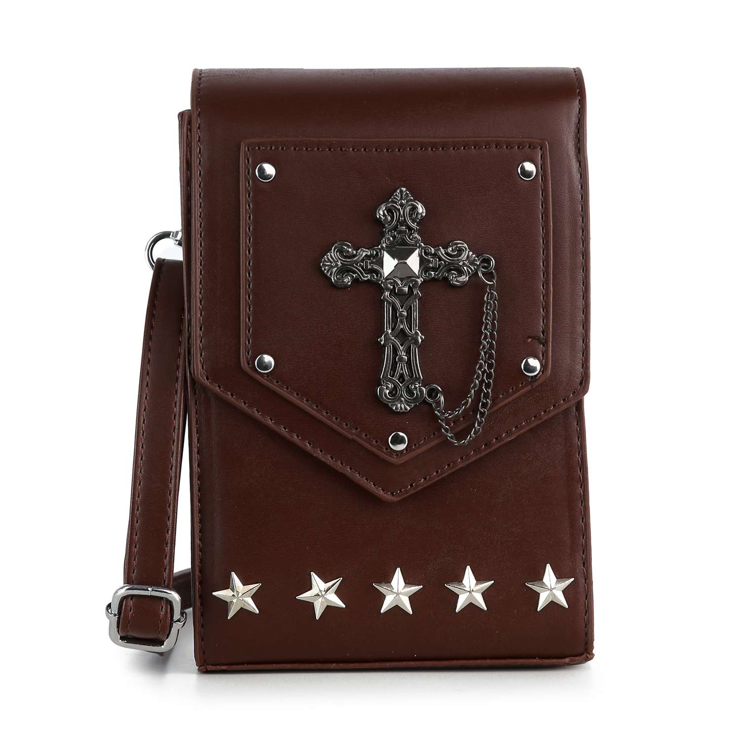 The Decorative Cross Accented Petite Crossbody Bag features brown faux leather, a silver cross medallion and chain on the front flap, five star stud accents along the bottom, silver studs, metal rivets, and a detachable strap.