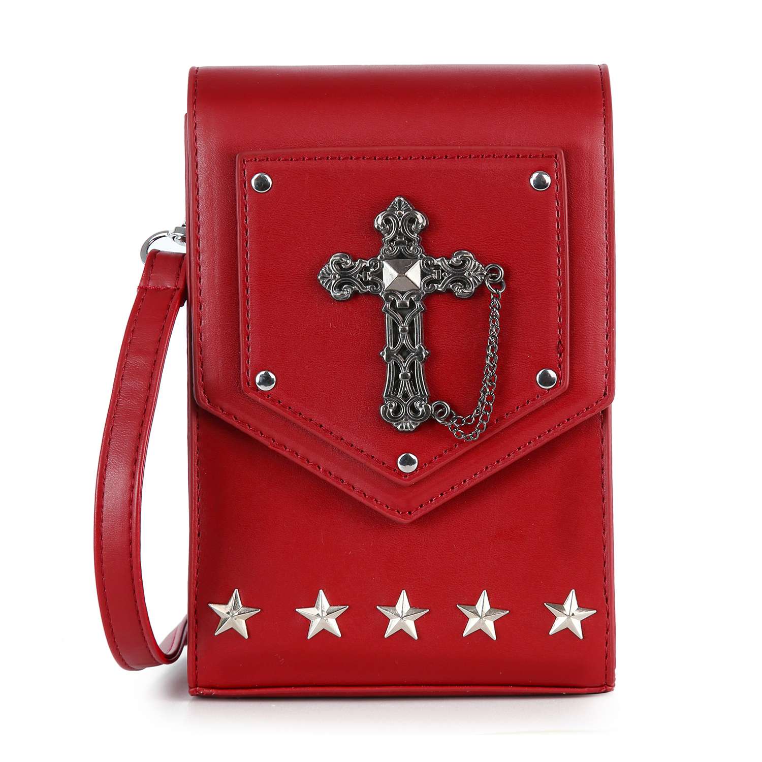 The Decorative Cross Accented Petite Crossbody Bag is a red rectangular faux leather bag with a wrist strap, silver cross medallion and chain on the flap, silver rivets, and five star-studded studs along the bottom front.
