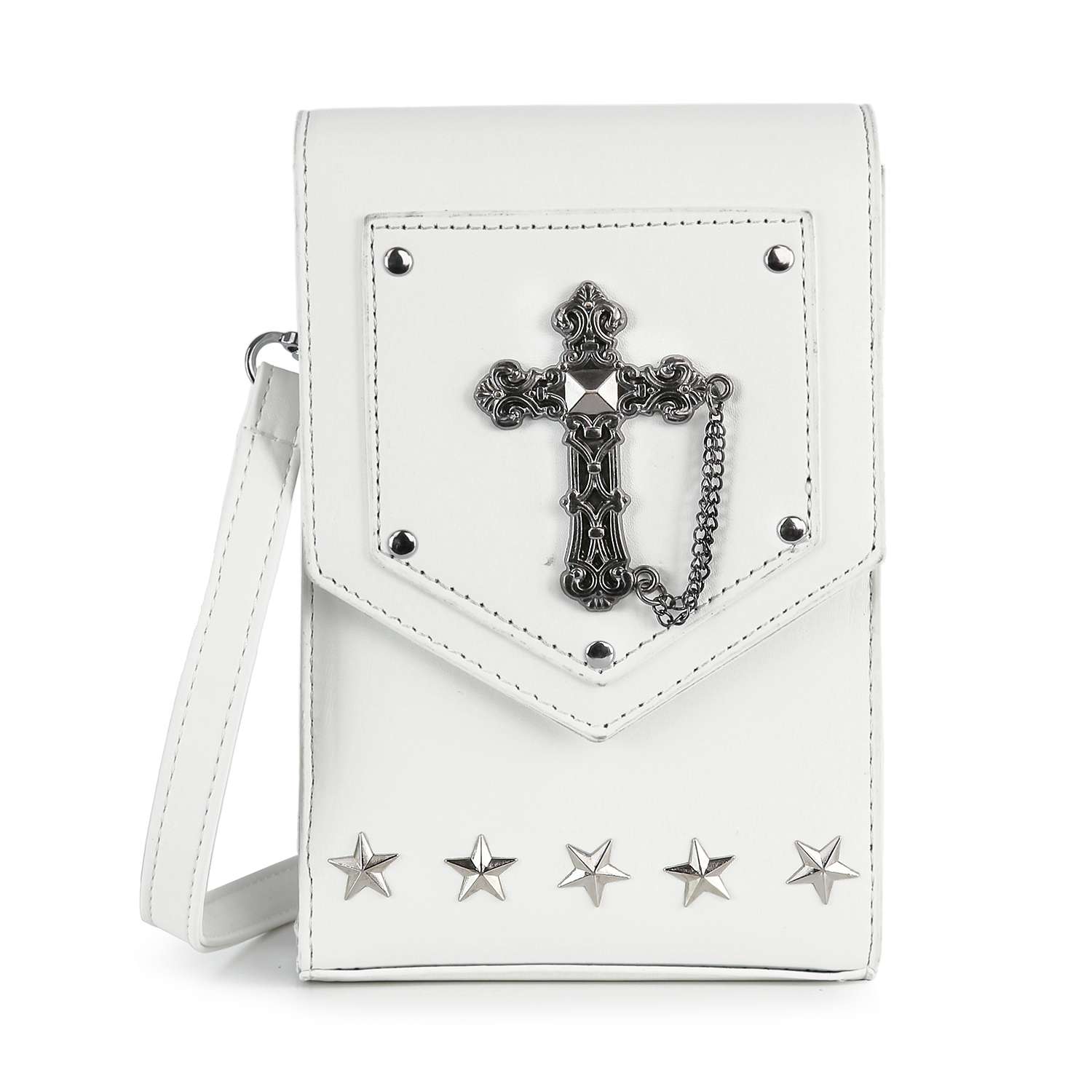 The Decorative Cross Accented Petite Crossbody Bag is a white rectangular faux leather bag with a silver cross medallion, chain detail on the flap, five star studs along the bottom front, and a matching white strap.